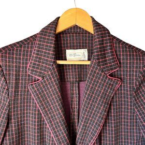 70s Plaid Tweed Blazer Womens Sz M Black Pink Retro Preppy Dark Academia Twee